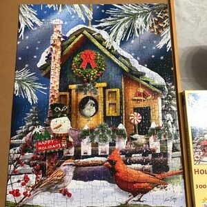 300 Piece Puzzle - Holiday Visitors. Birds and Snowman. LARGE PUZZLE PIECES.